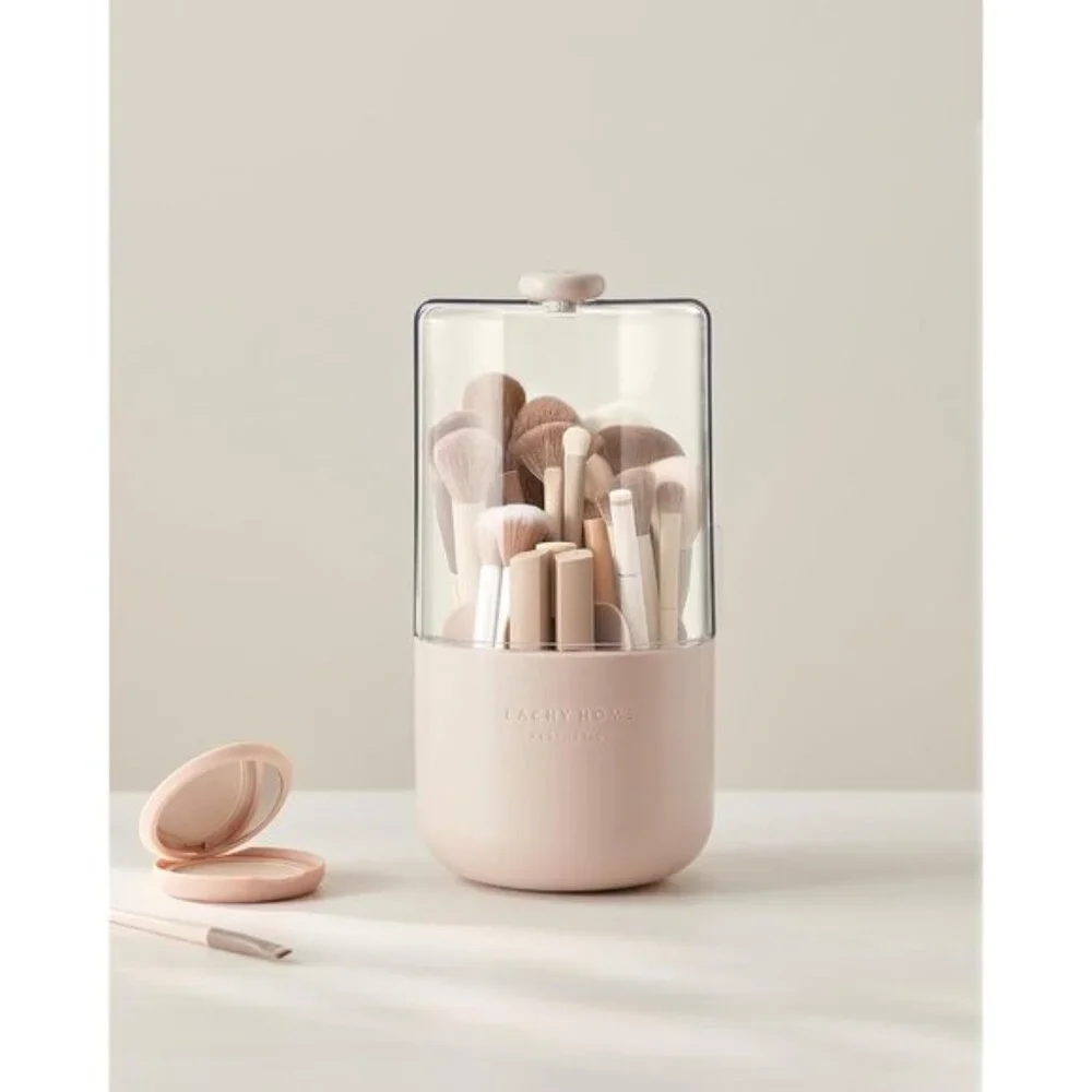 New 360° Rotating Makeup Brush Holder, Dustproof, 7-Compartment Vanity Organizer